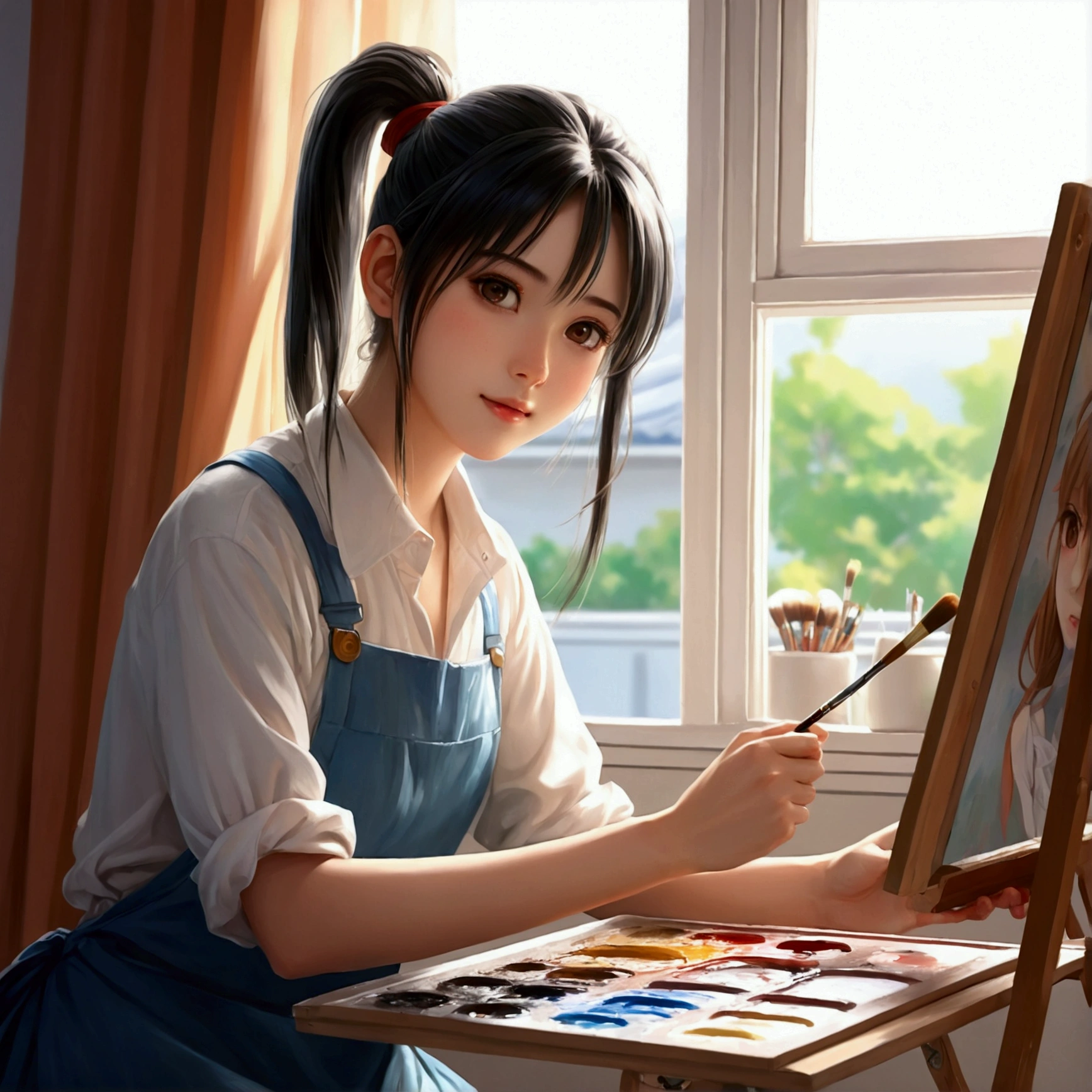 anime girl with a brush and a painting board in front of a window, painted in anime painter studio, Realistic cute girl drawing, beautiful anime portrait, anime. Soft lighting, Detailed painting 4k, anime realism style, realistic anime artstyle, Gweiz-style artwork, realistic anime art style, made with anime painter studio, portrait anime girl