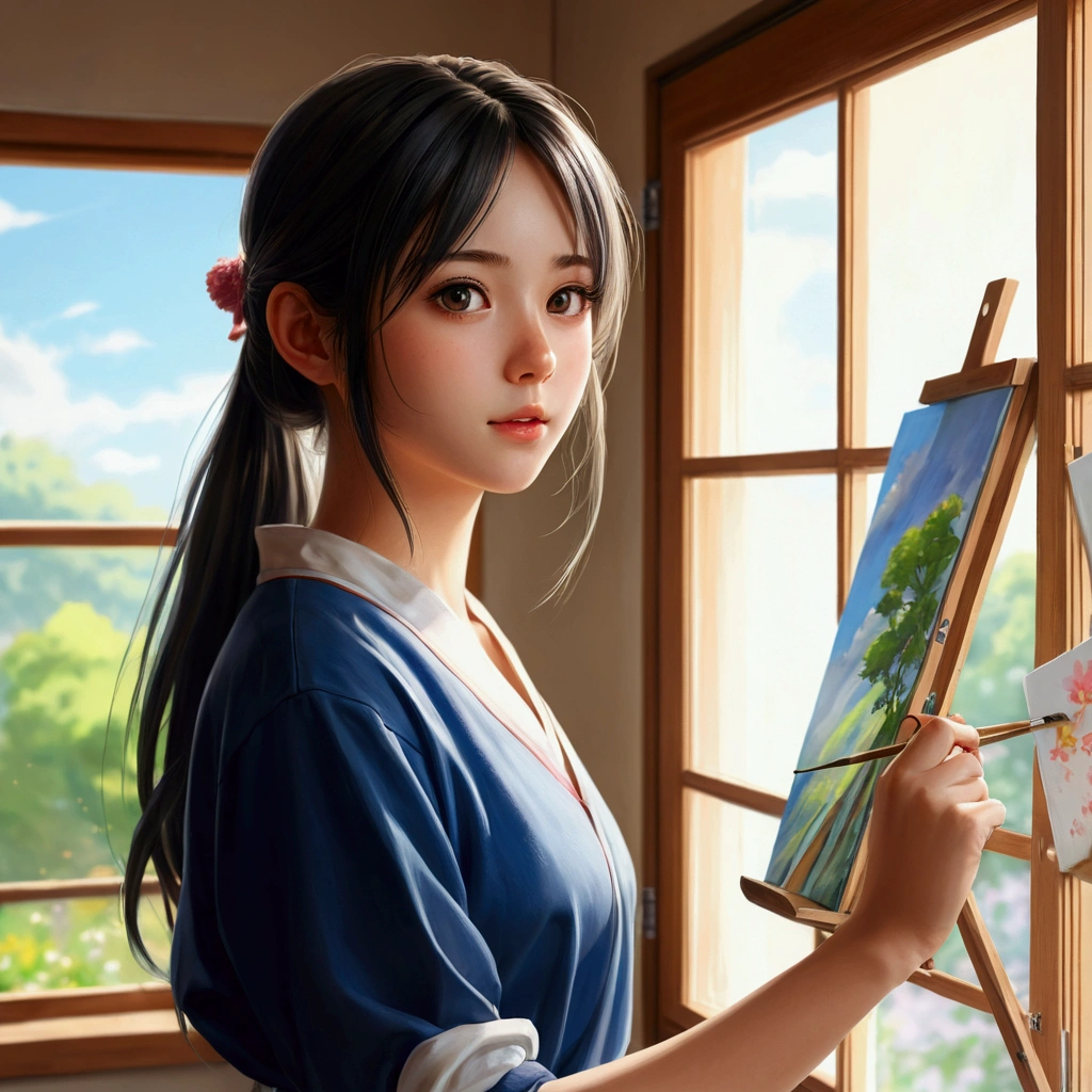 anime girl with a brush and a painting board in front of a window, painted in anime painter studio, Realistic cute girl drawing, beautiful anime portrait, anime. Soft lighting, Detailed painting 4k, anime realism style, realistic anime artstyle, Gweiz-style artwork, realistic anime art style, made with anime painter studio, portrait anime girl