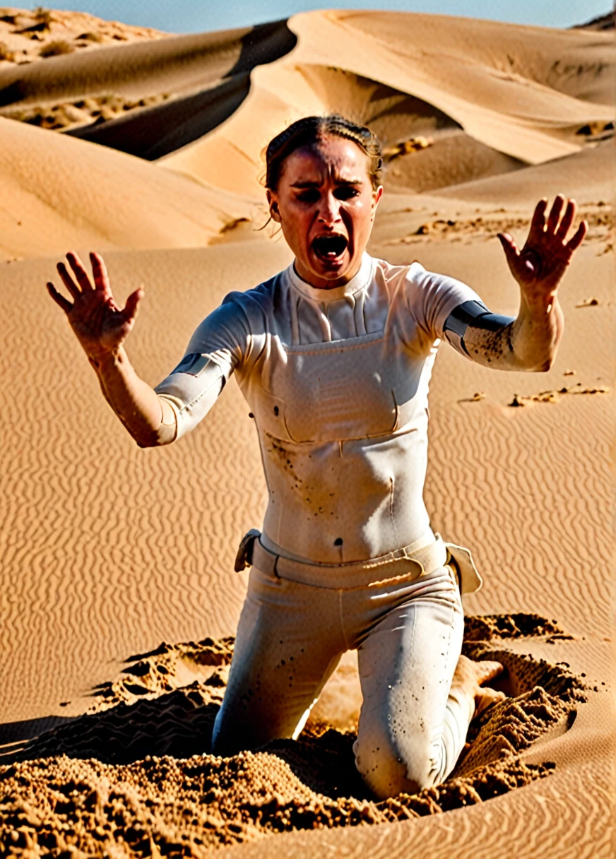 High resolution medium shot photo of p4dme in the desert,looking at the camera face of pain, White uniform,Bun,,depth of field,,dawn she sinks into sand, half of his body is covered in sand, she screams desperately, stretches out his hand for help, 