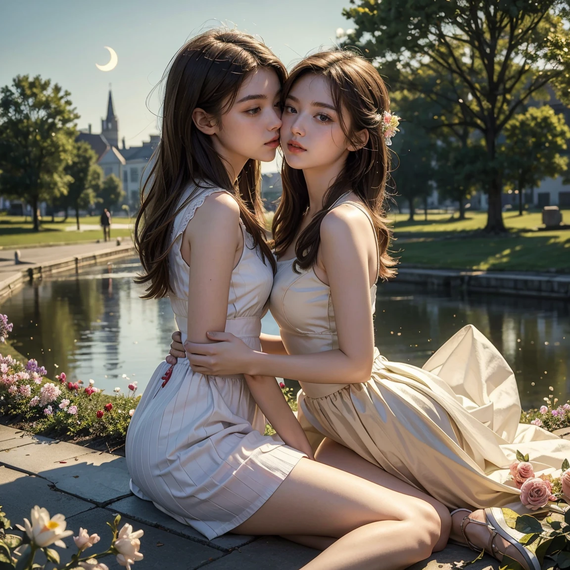(masterpiece, best quality:1.5), perfect anatomy, two school girls are deeply in love with each other, kiss, romantic atmosphere, flower and moon, magnificent panorama view
