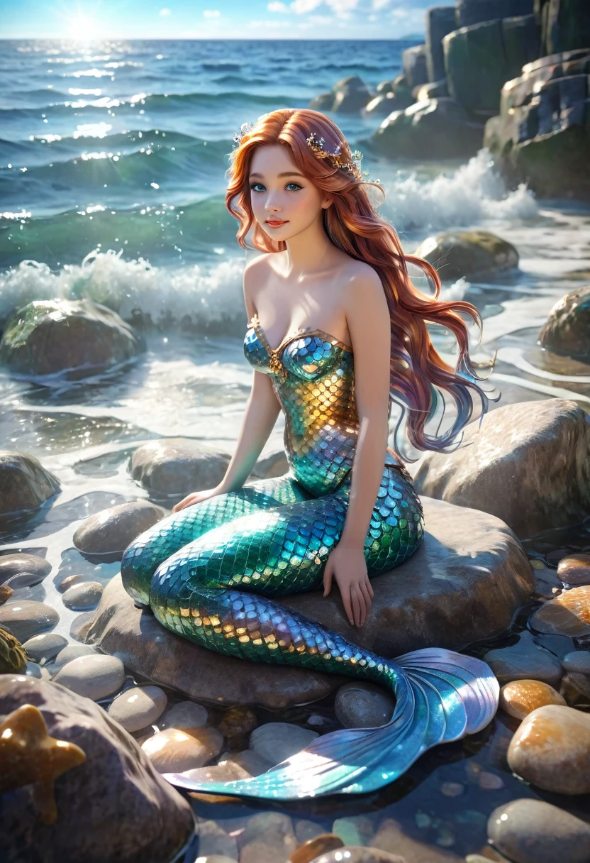 cute 20 year old mermaid sitting on a stone in the ocean enjoying the sunlight, sun is shining, beautiful mermaid, beautiful detailed face, alluring eyes, elaborated mermaid tail, serene, masterpiece, full body shot, highres, high resolution, high quality, intricate details, extremely detailed, incredible details, full colored, complex details, insanely detailed and intricate, extremely detailed with rich colors. masterpiece, best quality, HDR, UHD, unreal engine, High quality, gorgeous, glamorous, 8k, super detail, gorgeous light and shadow, detailed decoration, detailed lines, glittery, fantasy, pretty colors