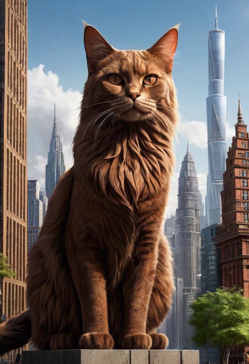 A massive cat, the size of a skyscraper, stands in the cityscape. The cat's fur is detailed and lifelike, blending seamlessly with the modern urban environment. The buildings around the cat provide a realistic scale, emphasizing the cat's enormous size. The cityscape includes tall skyscrapers, busy streets, and a few smaller buildings, making the scene both impressive and surreal.