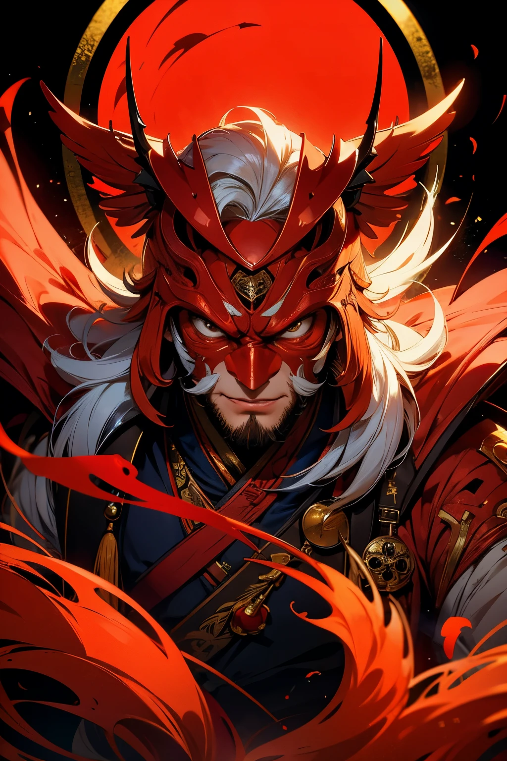 Stick-like nose。Tengu,He has a bright red mask on his face.。High resolution,8k、The background is Mt、masterpiece、He is an attractive male god.。