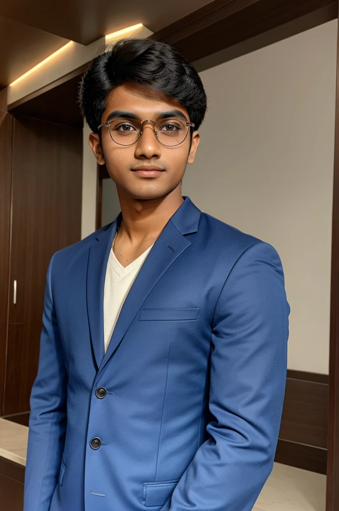 19 year old indian boy with fair skin wearing spectacles and narrow body
posing for a linkedin picture in formals