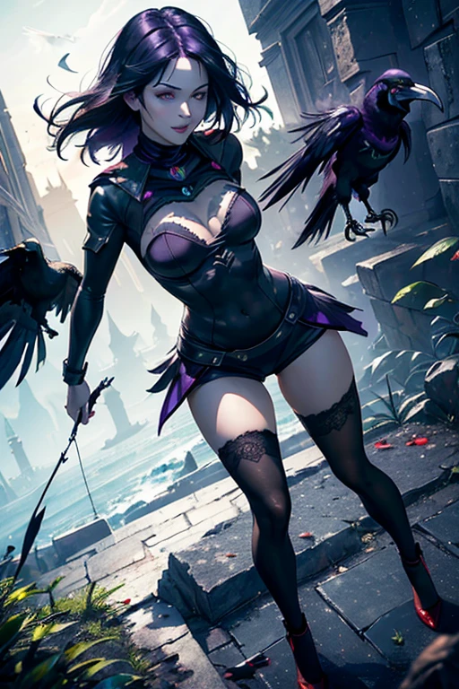 ((playing with a raven:1.4)),(full body:1.4).(realistic illustration:1.3). Beautiful 24 yo woman of Irish descent. athletic figure,(pale:1.4)complexion. long raven black hair, green eyes, cute butt, nice legs. Kind eyes,(joy:1.3),(smile:1.2), Red lipstick, sheer lace top, skirt, high heels. Flirty. Masterpiece, best quality,(highly detailed:1.2),(detailed face and eyes:1.2), 8k wallpaper, depth of field, natural lighting. core shadows, high contrast, bokeh. (rule of thirds). cinematic, atmospheric, contrast, intricate, methurlant