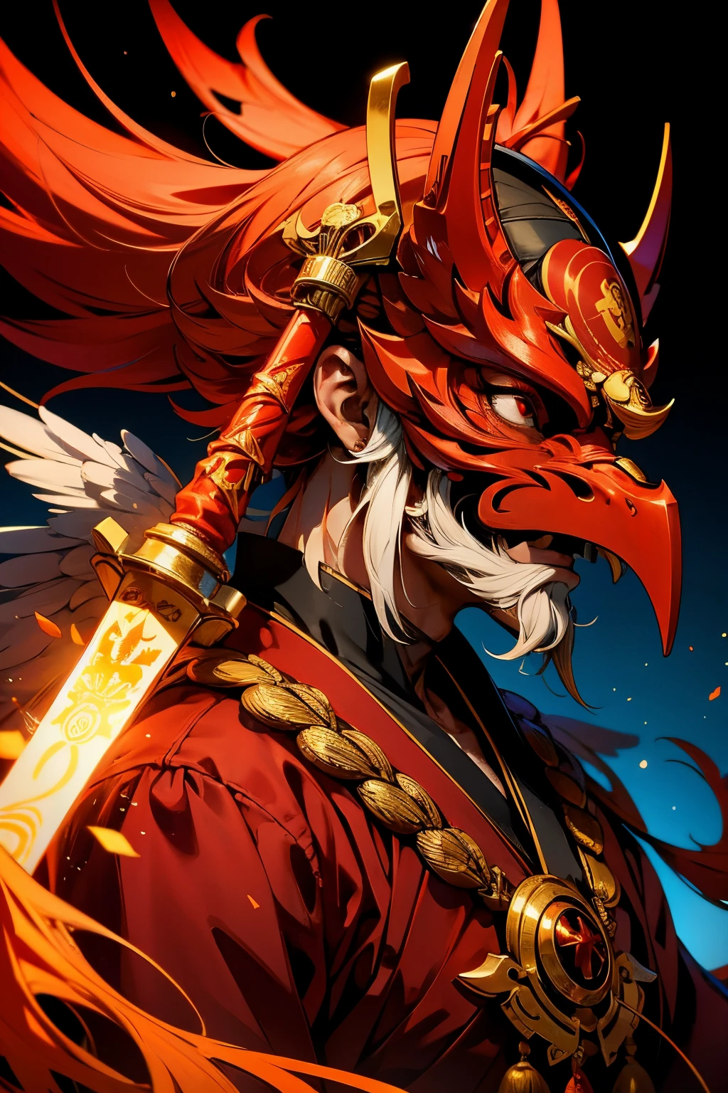 Stick-like nose。Tengu,He has a bright red mask on his face.。High resolution,8k、The background is Mt、masterpiece、He is an attractive male god.。