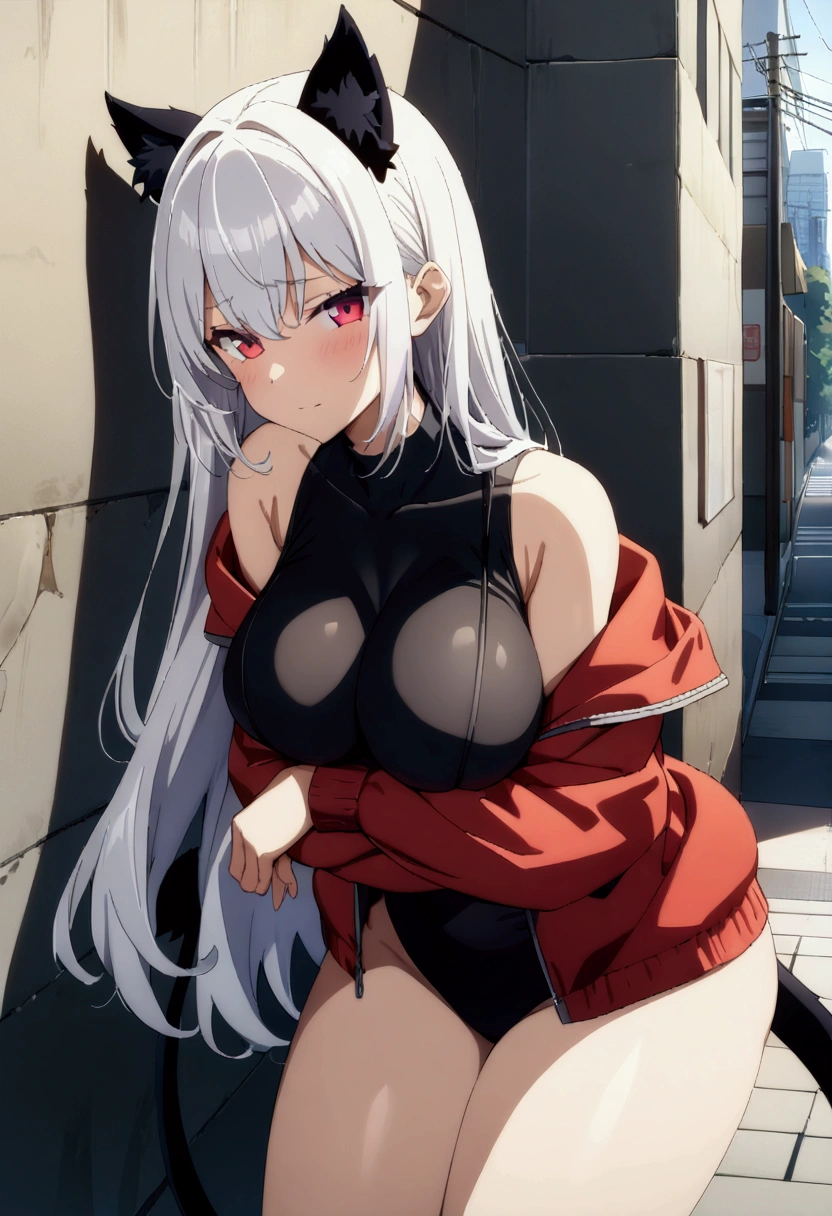 (High Definition:1.3), (Professional Photography:1.2), (very aesthetic:1.2), (absurdres:1.2), (sharp focus), (perfect light), catgirl, enormous size, silvery long white hair, fiery red eyes, black cat ears, black swaying tail, voluptuous figure, large breasts, (giant black tank bra), red windbreaker jacket, shy-seductive face, seductive allure, endearing formidable, street, Tokyo, wall, laying on the wall, crossed arms, (Anime:1.3), cowboy shot, ((Masterpiece)), ((best quality)), (super detail:1.2)