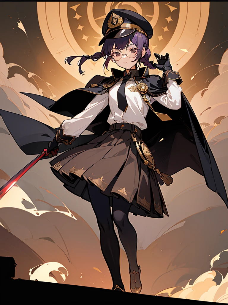 realisitic, City Deserted, Pile of rubble, Brick building, a one woman (18 years old, far away blackw hair, far away slits, Eyes red, glare eyes, 精致的面容, standing (In floor, feet shoulder-width apart), Lolita style military uniform (blackw base, Red Insert, golden decoration, volantes, wide sleeves, dainty and delicate detailing armors), blackw far away gloves (blackw, Red Insert, golden decoration, small hands, armors), blackw far away gloves, knee high boots (blackw, high-heels, red soles), ha (blackw, aba dourada, shield emblem, delicate details), arms in front, Front of belly, Holding military swords with both hands (blackw, golden decoration, delicate detail, Handle at the top, Ground-facing blade, in front of the body, far away), night sky (blackw, stele, Increased flames and smoke) Pale painting style, One Girl, super high quality, Super Detail, Super Detailed image, long hair, looking at viewer, skirt, shirt, hair ornament, violet eyes, gloves, round glasses, long sleeves, hat, closed mouth, jacket, violet hair, braid, open clothes, necktie, black gloves, black skirt, uniform, single braid, open jacket, black jacket, black headwear, 手链, Peaked cap, black necktie, cropped jacket, military hat, pantyhose, Flat Chest, smile, Black Cape