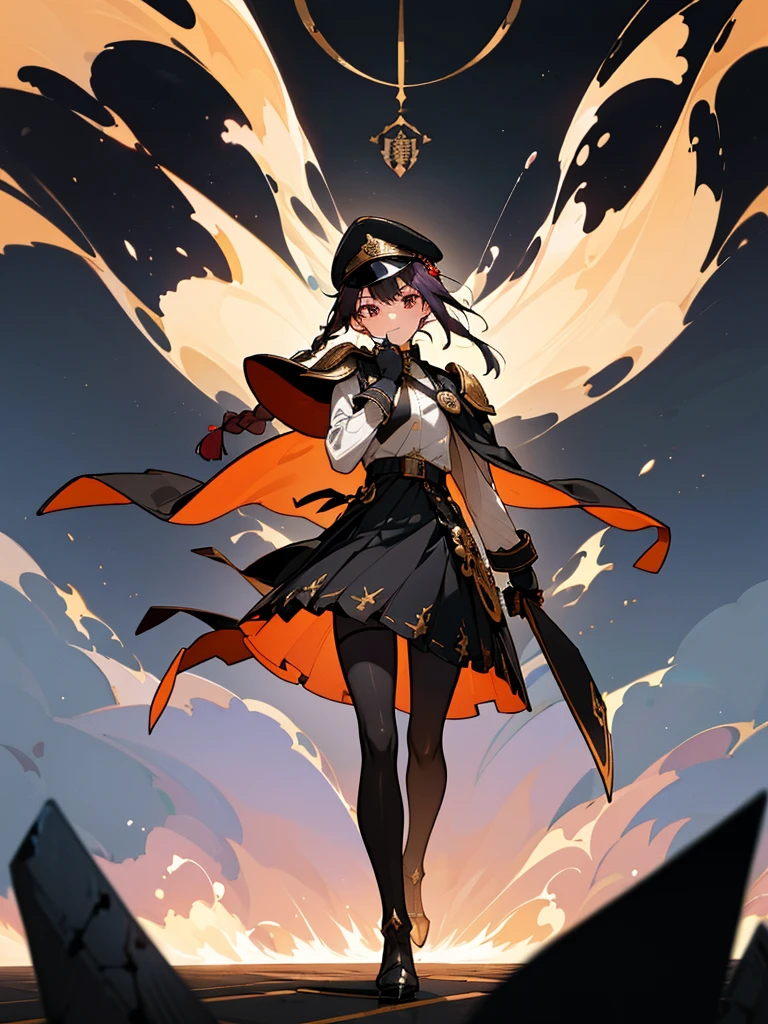 realisitic, City Deserted, Pile of rubble, Brick building, a one woman (18 years old, far away blackw hair, far away slits, Eyes red, glare eyes, 精致的面容, standing (In floor, feet shoulder-width apart), Lolita style military uniform (blackw base, Red Insert, golden decoration, volantes, wide sleeves, dainty and delicate detailing armors), blackw far away gloves (blackw, Red Insert, golden decoration, small hands, armors), blackw far away gloves, knee high boots (blackw, high-heels, red soles), ha (blackw, aba dourada, shield emblem, delicate details), arms in front, Front of belly, Holding military swords with both hands (blackw, golden decoration, delicate detail, Handle at the top, Ground-facing blade, in front of the body, far away), night sky (blackw, stele, Increased flames and smoke) Pale painting style, One Girl, super high quality, Super Detail, Super Detailed image, long hair, looking at viewer, skirt, shirt, hair ornament, violet eyes, gloves, round glasses, long sleeves, hat, closed mouth, jacket, violet hair, braid, open clothes, necktie, black gloves, black skirt, uniform, single braid, open jacket, black jacket, black headwear, 手链, Peaked cap, black necktie, cropped jacket, military hat, pantyhose, Flat Chest, smile, Black Cape