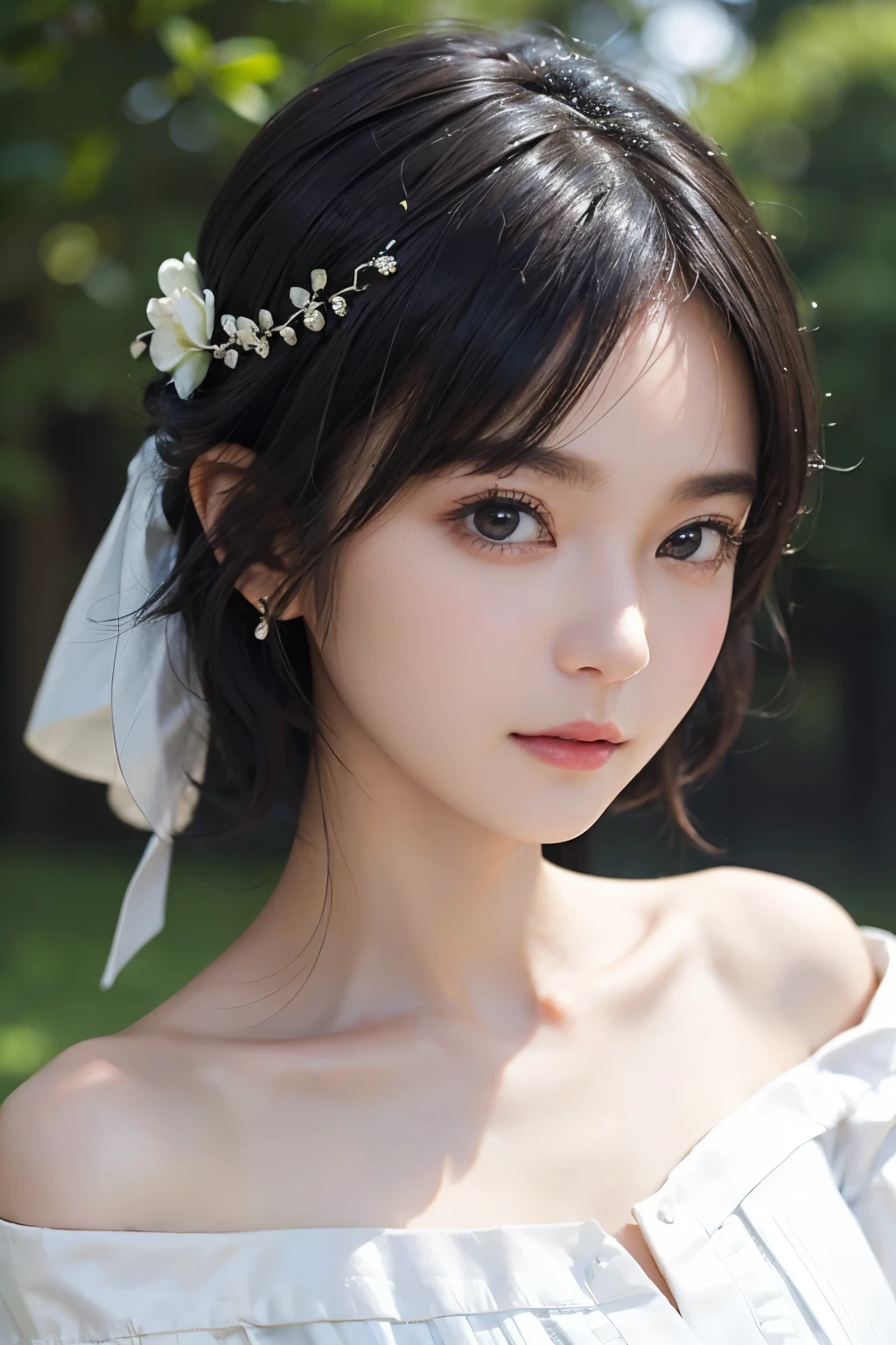 (((Black Short Hair))), (Louvre Museum), Seductive pose, Background is grassland、Image from chest up:1.6)、Close-up portrait of a woman wearing a white off-the-shoulder top dress and earrings, Soft portrait shot 8k, Nice delicate face, High-quality 4K portraits, High-quality portraits, Soft, perfect, pale skin, 8K Highly Detailed Face, なbeautiful繊細な顔, beautiful光の大きな目, Beautiful and realistic face, beautiful14Old woman, Beautiful and realistic face, cute14Old woman
