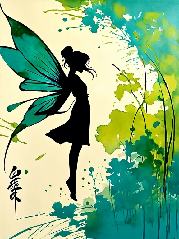 (silhouette), (yellow green turquoise ink splatters), traditional japanese ink painting, traditional japanese canvas, a majestic winged fairy, intricate details, dramatic lighting, high quality, minimalism, ((japanese signature at the bottom left))