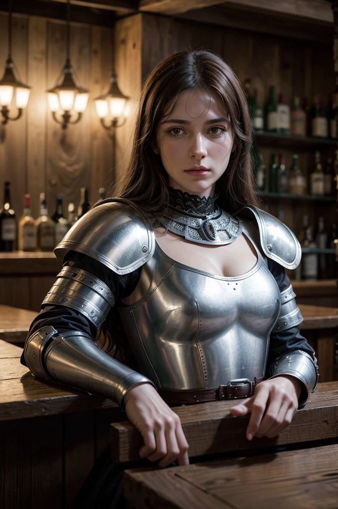 make an ultra realistic medieval knight, alongside Nicolau Machiavelli in Florence, Italy, in the year 1500, sitting in a bar drinking a large glass of beer next to 3 realistic, human women from the same time in the 1500s