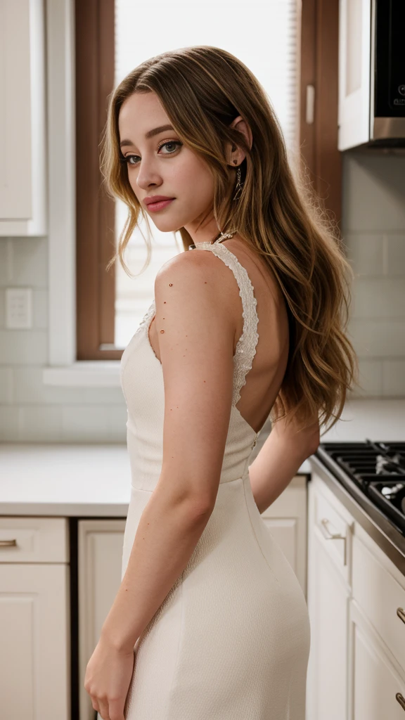 lili reinhart, fitted white dress, standing in kitchen, 25 years old, wavy hair, sensual, shy, hair covering eyes, film grain, raw photo, masterpiece, photorealistic, high definition, , 