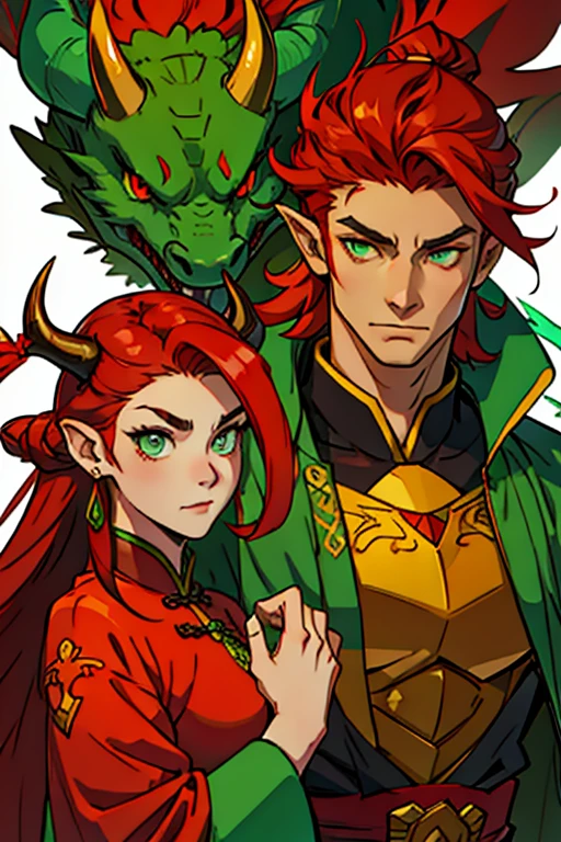 china guardian dragon woman with green eyes, red horns and his big red hair with moths in his hair