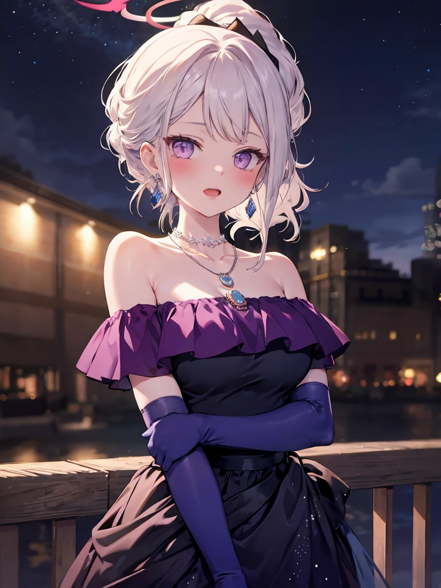 masterpiece,best quality,other, 1 Girl, Solitary, Looking at the audience, blush, open mouth, partedbangs, Hair accessories, Side lock, Ponytail, Elbow gloves, Off-shoulder dress, Halo, **Shoulder, Necklace, necklace, earrings, Alternative clothing, （Huge breasts:1.5）