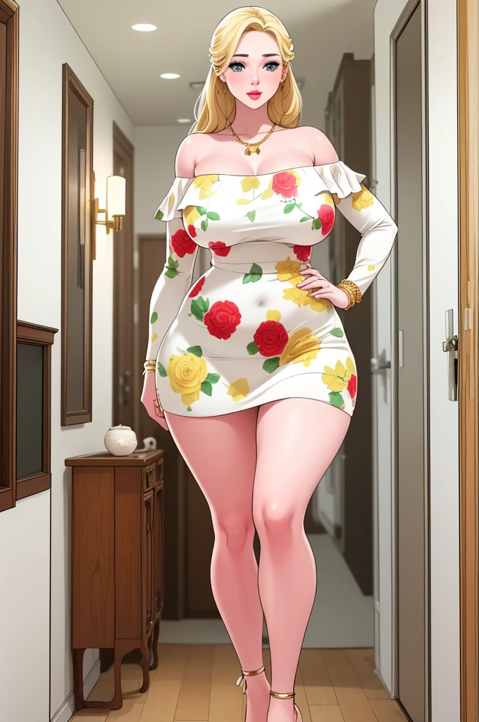 An extremely beautiful stunning woman with a perfect busty body, gold blonde long silky hair, big blue eyes, extremely super bright snow white fair stunning flawless glowing lush shiny flawless white skin, a perfect tight hourglass figure, and a skinny waist, sexy thick smooth luscious legs and thighs, extremely cute smile on the face, bright pink blushes on cheeks, wearing a short revealing loose yellow floral dress, white off-shoulder cardigan, white heels, gold necklace on the neck, gold anklets on feet, gold chain on the waist, standing straight, holding a red roses bouquet, hallway in the background, show full body from head to feet.