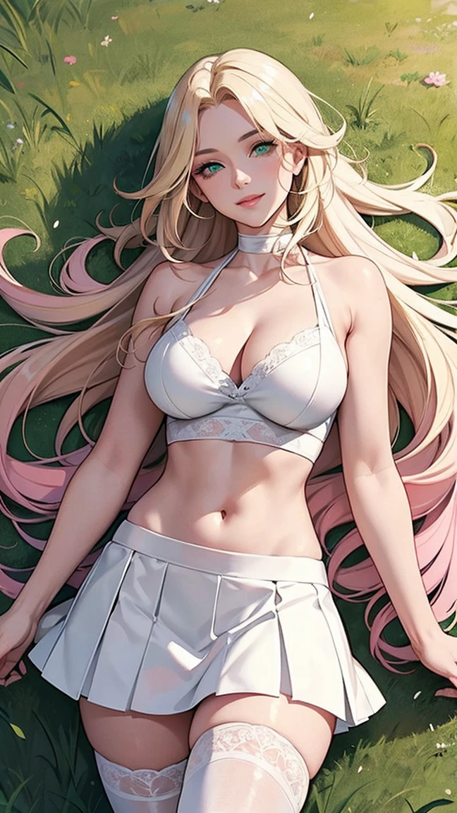 Highest Quality, masterpiece, beautifully detailed eyes, green eyes, long Blonde Hair, Gradient Hair, pink highlights in hair, large breasts, standing, makeup, glossy lips, full lips, (natural lighting), grass, cheerleader, light smile, midriff, collarbone, thigh highs, white miniskirt, cleavage voluptuous, well-proportioned feminine body, anatomically perfect, detailed beautiful face, promotional photo, panel photo, shy charming smile,