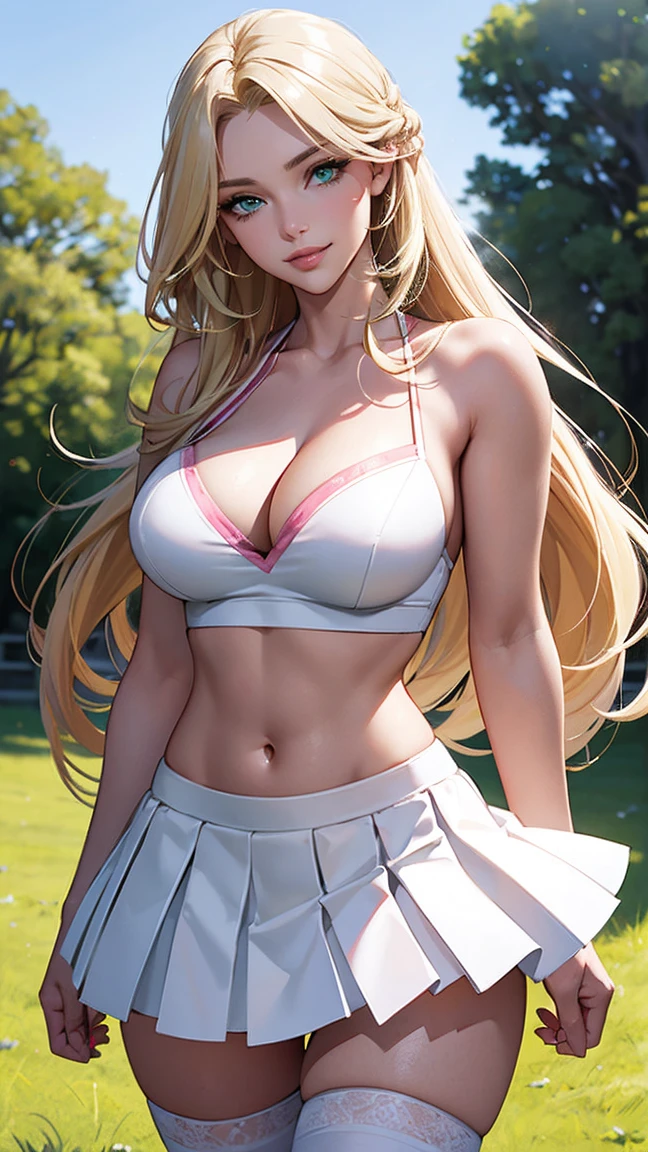 Highest Quality, ​masterpiece, beautifully detailed eyes, green eyes, long Blonde Hair, Gradient Hair, pink highlights in hair, large breasts, standing, makeup, glossy lips, full lips, (natural lighting), grass, cheerleader, light smile, midriff, collarbone, thigh highs,  white miniskirt, cleavage voluptuous, well-proportioned feminine body, anatomically perfect, detailed beautiful face, promotional photo, panel photo, shy charming smile, 