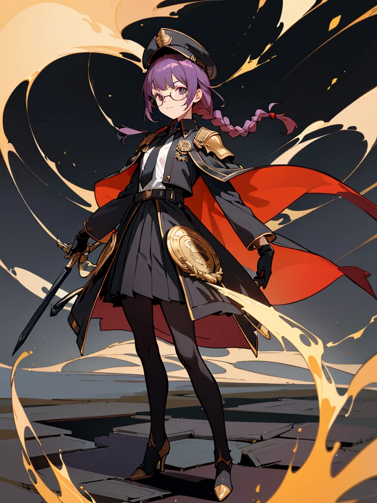 realisitic, City Deserted, Pile of rubble, Brick building, a one woman (18 years old, far away blackw hair, far away slits, Eyes red, glare eyes, 精致的面容, standing (In floor, feet shoulder-width apart), Lolita style military uniform (blackw base, Red Insert, golden decoration, volantes, wide sleeves, dainty and delicate detailing armors), blackw far away gloves (blackw, Red Insert, golden decoration, small hands, armors), blackw far away gloves, knee high boots (blackw, high-heels, red soles), ha (blackw, aba dourada, shield emblem, delicate details), arms in front, Front of belly, Holding military swords with both hands (blackw, golden decoration, delicate detail, Handle at the top, Ground-facing blade, in front of the body, far away), night sky (blackw, stele, Increased flames and smoke) Pale painting style, One Girl, super high quality, Super Detail, Super Detailed image, long hair, looking at viewer, skirt, shirt, hair ornament, violet eyes, gloves, round glasses, long sleeves, hat, closed mouth, jacket, violet hair, braid, open clothes, necktie, black gloves, black skirt, uniform, single braid, open jacket, black jacket, black headwear, 手链, Peaked cap, black necktie, cropped jacket, military hat, pantyhose, Flat Chest, smile, Black Cape