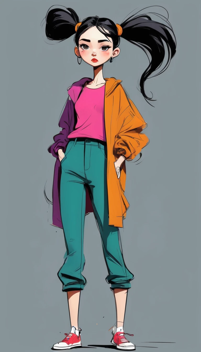 (((Exaggerated digital character sketches:1.37))).(1 Girl,Double tail,fashion clothing),(Black sketch lines,Loose brushstrokes create the outline,Cartoon Style. Bright colors and simplified lines, sketch)。(Exaggerated body movements),
