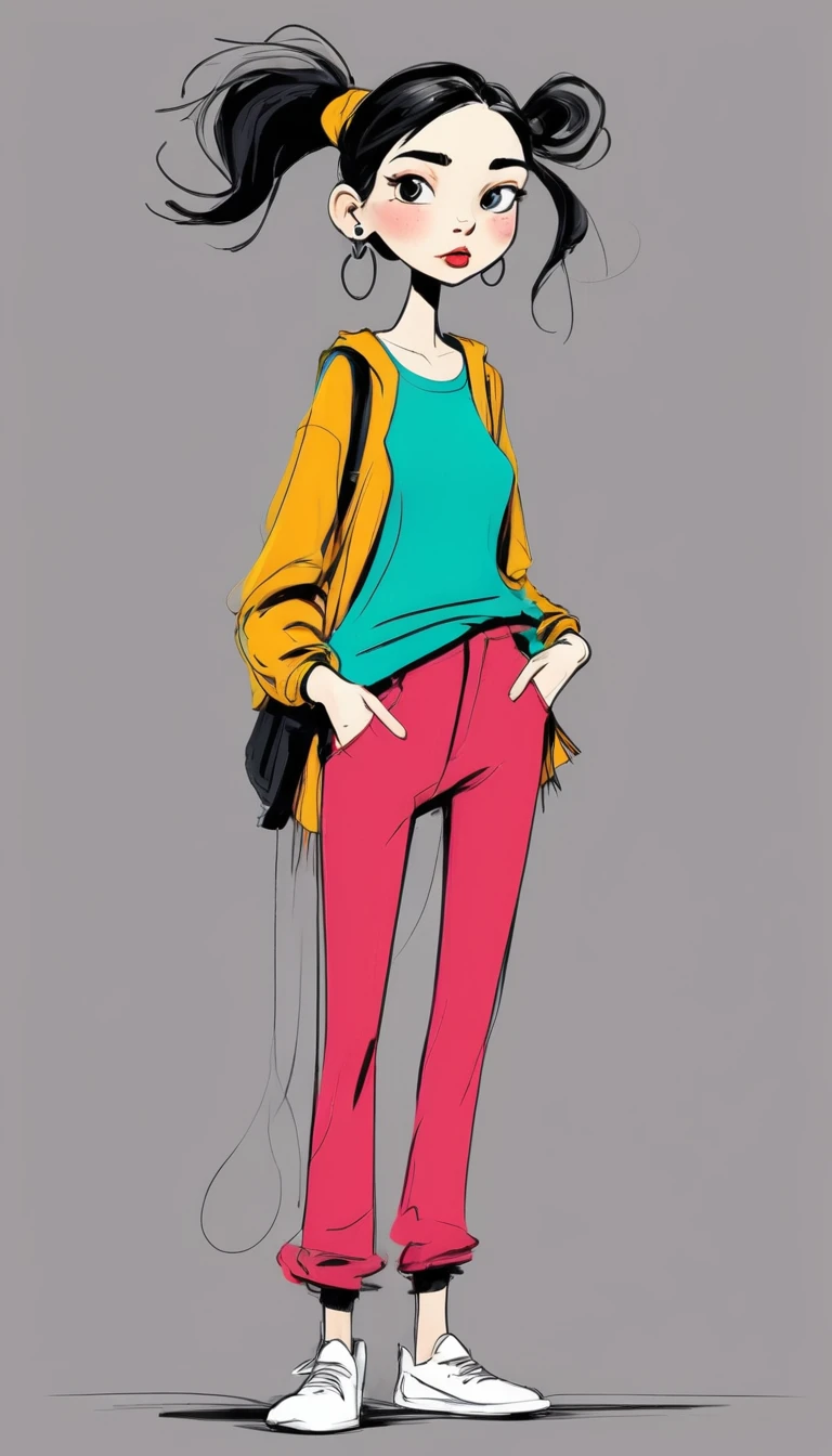 (((Exaggerated digital character sketches:1.37))).(1 Girl,Double tail,fashion clothing),(Black sketch lines,Loose brushstrokes create the outline,Cartoon Style. Bright colors and simplified lines, sketch)。(Exaggerated body movements),