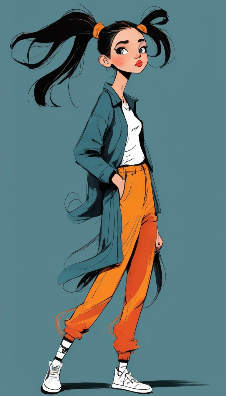 (((Exaggerated digital character sketches:1.37))).(1 Girl,Double tail,fashion clothing),(Black sketch lines,Loose brushstrokes create the outline,Cartoon Style. Bright colors and simplified lines, sketch)。(Exaggerated body movements),