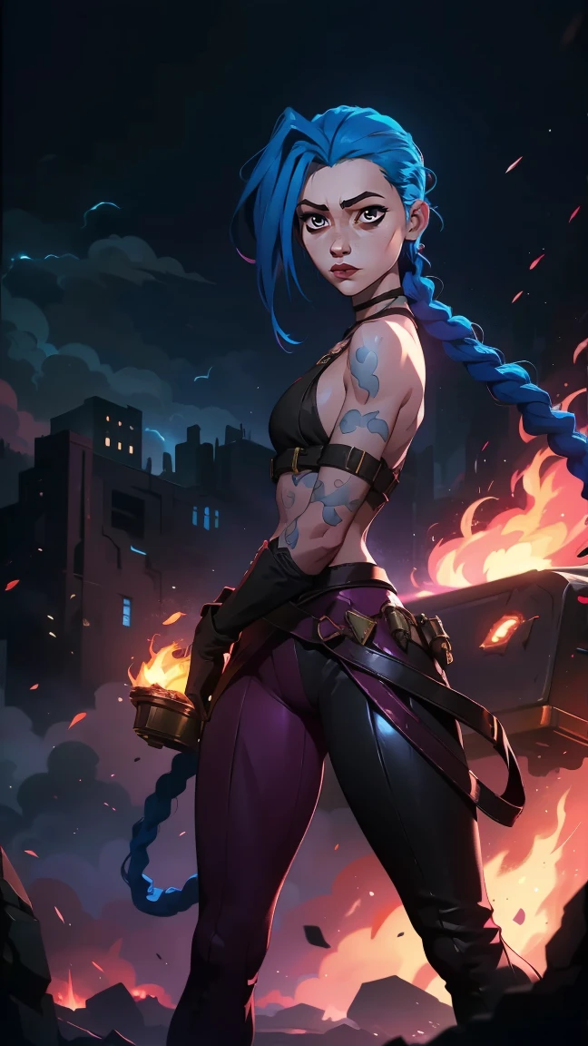 (masterpiece, Best quality), 1 girl, portrait, very sexy, crazy look, smile, crying, pink tears, tears on the cheeks, tears from eyes, full length (full body 1.1.), очень feminine, fighting stance, battle, fire, explosions, burning city, beautiful waist, gloomy composition, flame, fire, Flash, very beautiful, feminine, long hair, hair braided in long braids, very sexy, tight leather pants, emphasis on the eyes, emphasis on the face, Beautiful face, hands, hair, haired ponytail, red purple eyes, Джинкс crying, Blue cloud tattoo, (masterpiece, Best quality), Side lighting, beautiful detailed eyes, crazy face), (Best quality), (masterpiece), magic photography, Spectacular lighting, photorealism, ultra detailed, интимная portraitная композиция, 1. 4,8 K UHD, aesthetic, Cd., a high resolution, 8 K, Better lighting, Best shade, Ultra-HD, a high resolution, Sharp Focus, complex background, cinematic lighting, ((Landscape view)), 4K block, (Better lighting), ((cinematic lighting)),