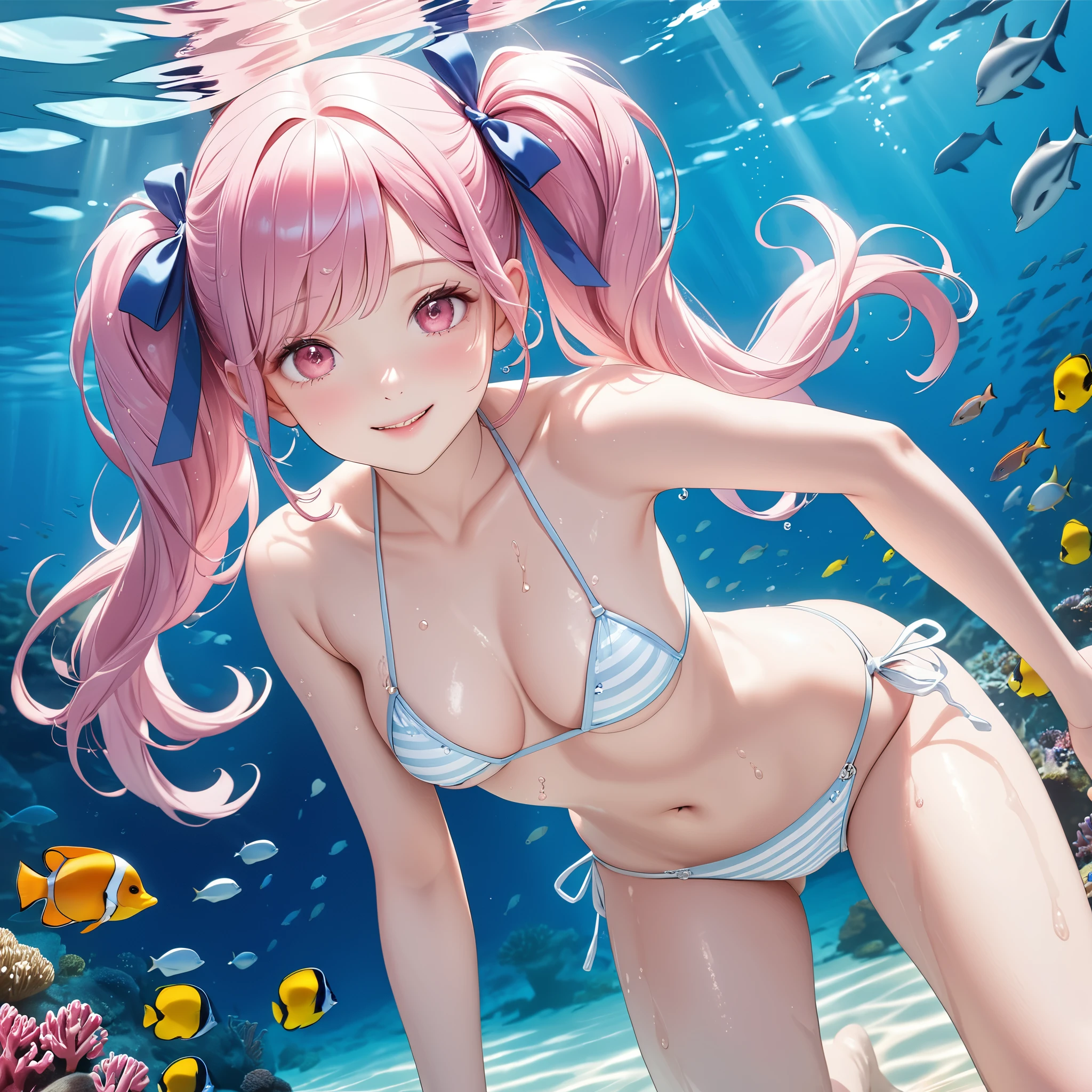 (8k, masutepiece, Best Quality, Official art, beautiful detailed, beautiful lighting, best masterpiece in history that exceeds limits), (1 Girl, solo), (sixteen years old), (beautiful detailed face), (wet shiny white skin), (Beautiful big bust:1.3), (thighs, navel), (beautiful detailed pink twin tails hair, bangs:1.3), (beautiful detailed drooping pink eyes:1.5), (Beautiful detailed cute white and pastel blue horizontal stripes micro bikini, side-tie_bikini_bottom, pastel blue ribbon:1.3), (happy smile:1.2), (dynamic angle, dynamic cut, Attractive, Look at the camera, cute pose, swimming), breathtaking scenery, (ultra detailed beautiful under the sea, tropical fish, white dolphin:1.2),