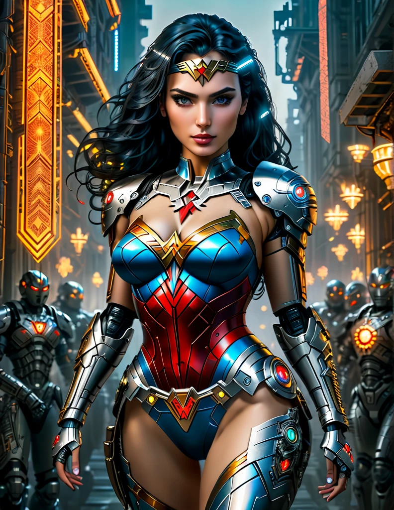 A fantasy picture of a Cyberpunk Era Wonder Woman with Cybernetic Wonder Woman Costume in a Neo Cyberpunk Roman Empire with glowing eyes and robotic limbs