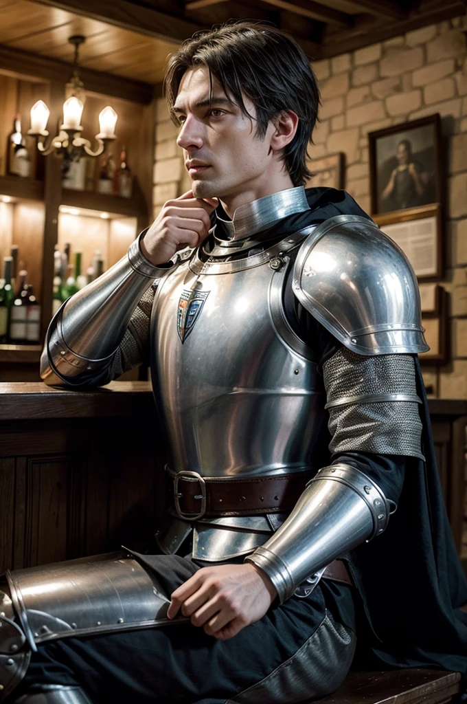 make an ultra realistic medieval knight, alongside Nicolau Machiavelli in Florence, Italy, in the year 1500, sitting in a bar drinking a large glass of beer