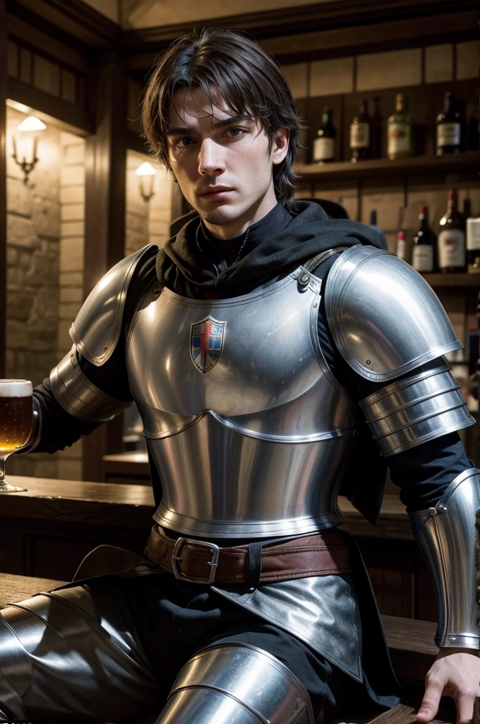 make an ultra realistic medieval knight, alongside Nicolau Machiavelli in Florence, Italy, in the year 1500, sitting in a bar drinking a large glass of beer