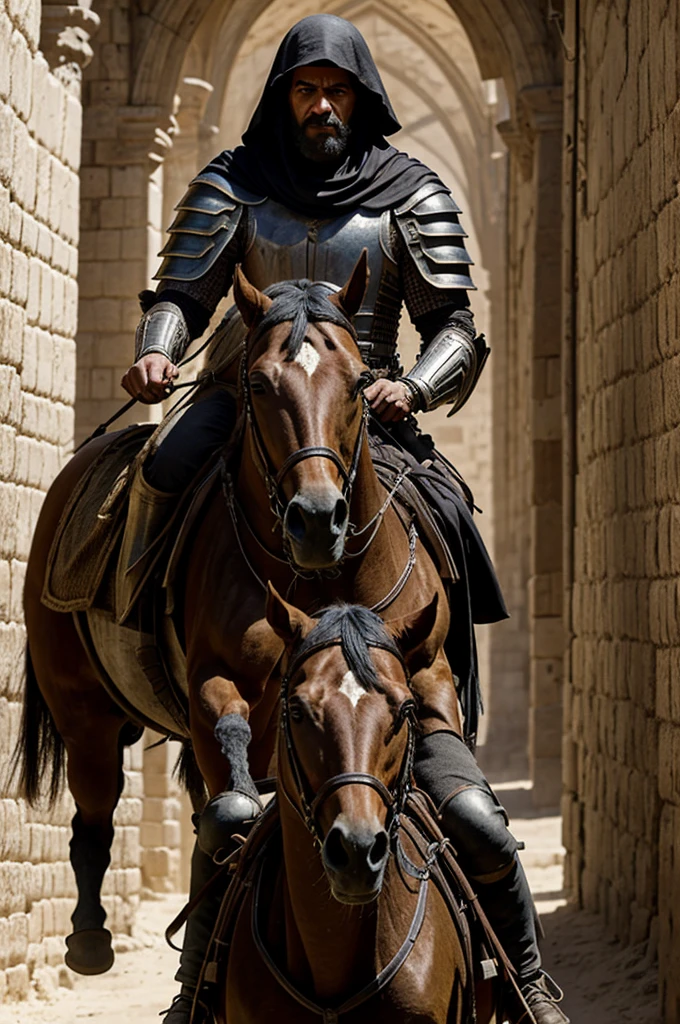 A dusty road in ancient Jerusalem, con saulo de Tarso montado en un caballo oscuro. saulo, with armor and a stern expression, It is feared by Christians who hide in the shadows. realist, full hd, Exaggerated details.