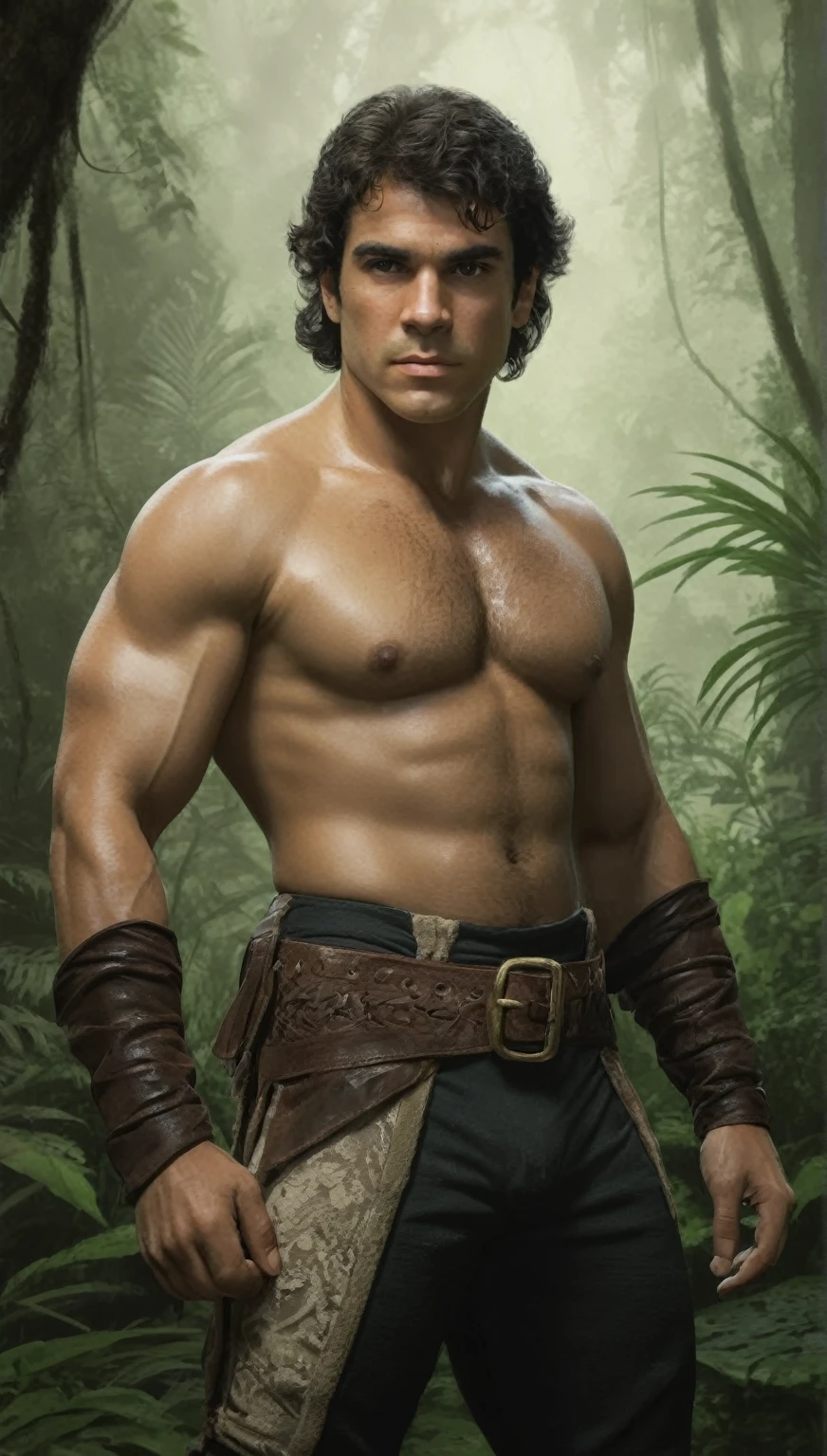 Illustrated movie poster, hand drawn, full color, human explorer, 25 years, wear pirate breeches and a lace-up shirt, looks like a young Lou Ferrigno, tanned skin, round face, Average height, broad shoulders, Soft belly, slightly plump, Deep brown eyes, wide bulbous nose, black hair, curly cones disappear, thick bushy eyebrows, extremely hairy chest, stomach, and weapons, Lots of body hair, Posing in the rainforest, wet skin for listening, hard shadows, graphite shade, stencil signs, acrylic paint, airbrushed, masterpiece, in Skyrim style