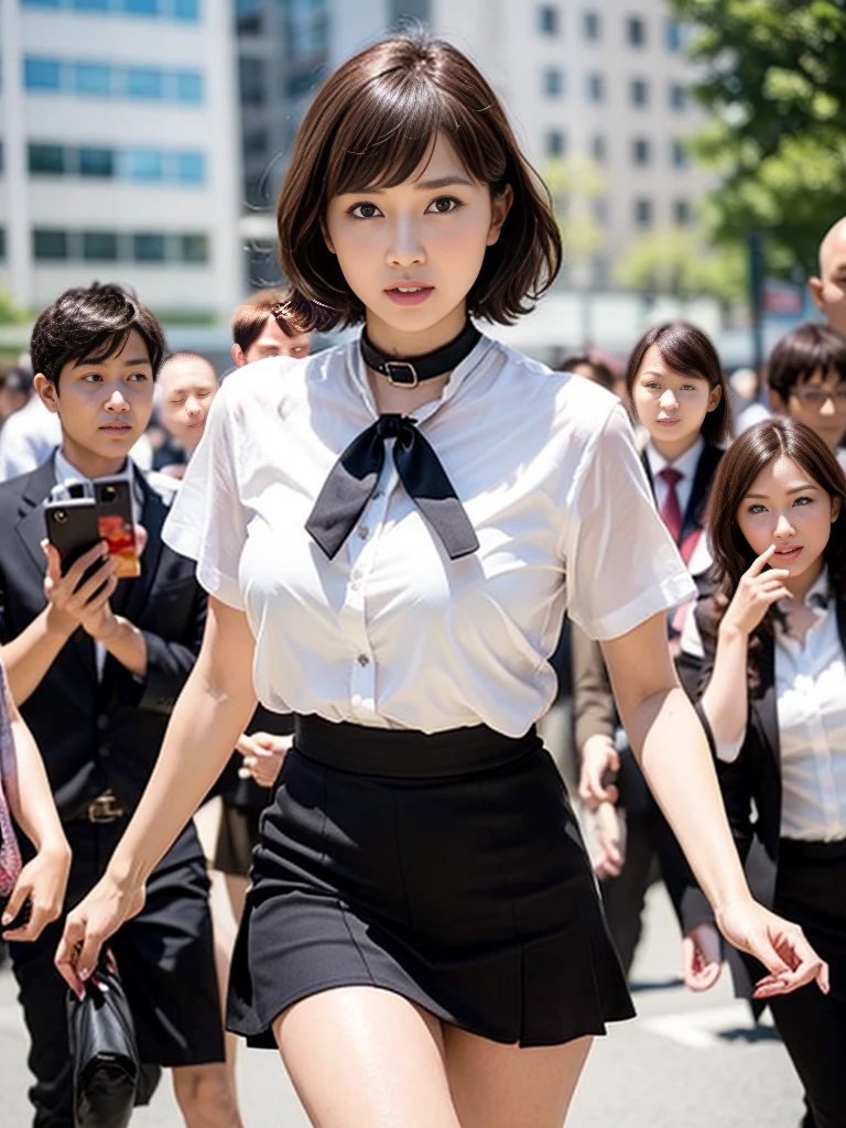 (RAW Photos、Highest quality)、(Real、写真のRealさ: 1.3)、Highest quality、Very detailed、8k RAW Photos、Highest quality、masterpiece、Ultra-high resolution、3d、Real、1 girl、((Beautiful woman walking in the city))、Walking towards the audience、((Portrait))、Japanese women、Serious face、Black Hair、Black crew collar、short hair、nose、School uniforms、Natural skin texture、Light brown eyes、Detailed eyes and face、lips、lipstick、Beautiful legs、Huge breasts、(Detailed Background)、Checkered mini skirt、White shirt、Brown high heels、Huge breasts、Blurred Background、Short sleeve、whole body、Bright white lighting