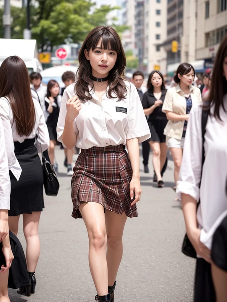 (RAW Photos、Highest quality)、(Real、写真のRealさ: 1.3)、Highest quality、Very detailed、8k RAW Photos、Highest quality、masterpiece、Ultra-high resolution、3d、Real、1 girl、((Beautiful woman walking in the city))、Walking towards the audience、((Portrait))、Japanese women、Serious face、Black Hair、Black crew collar、short hair、nose、School uniforms、Natural skin texture、Light brown eyes、Detailed eyes and face、lips、lipstick、Beautiful legs、Huge breasts、(Detailed Background)、Checkered mini skirt、White shirt、Brown high heels、Huge breasts、Blurred Background、Short sleeve、whole body、Bright white lighting
