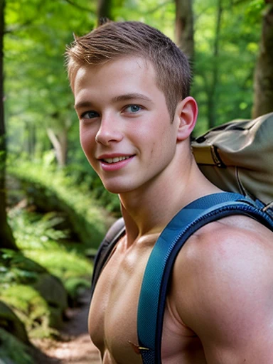 (1boy) source_photo, expressive, dynamic, Finn has tousled sandy-brown hair and bright blue eyes. He wears cargo shorts, a backpack, a pair of sturdy boots and is shirtless, smile, full lips, shirtless, muscle twink, fullbody, hiking in the woods
RAW photo, dreamy soft focus, detailed photo, gorgeous, shallow depth of field, bokeh, hyper detailed photorealistic life-like accurate proportional 8k sharp focus, perfect eyes, skin blemish, detailed skin, blondlust, size difference, age difference