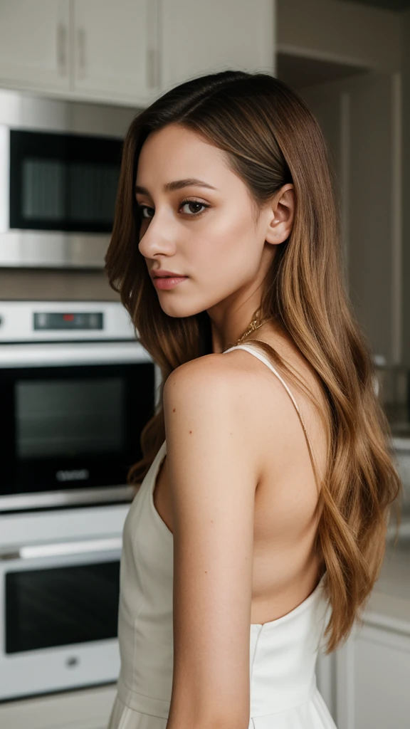 lili reinhart, fitted white dress, standing in kitchen, 25 years old, wavy hair, sensual, shy, hair covering eyes, film grain, raw photo, masterpiece, photorealistic, high definition, , 