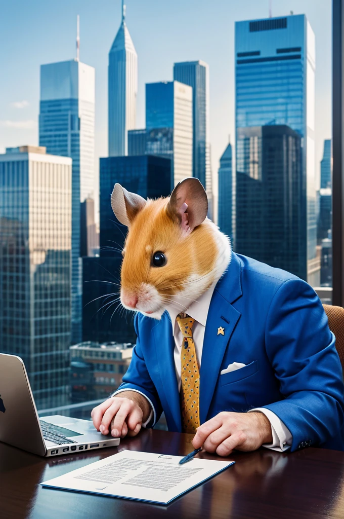 A cartoon hamster in a blue suit and tie sits at a desk in front of a laptop, looking directly at the viewer with a serious expression. He is holding a piece of paper, perhaps a script, in his hands. The background is a cityscape, with tall buildings and a bright blue sky. The overall mood is professional and slightly humorous. 

[Cartoon illustration, stylized, reminiscent of the work of Chuck Jones], [Vibrant colors, sharp lines, shallow depth of field, soft lighting, subtle texture on the hamster's fur, a simple desk with a mug and a laptop, a city skyline in the background]