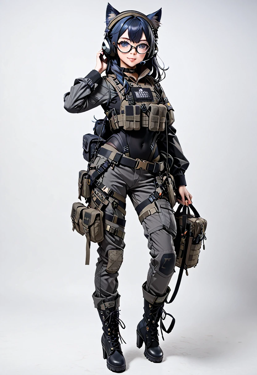 8K Ultra High-Quality, ultra-detailed, High quality, Dark Blue hair, Long hair, Headset, Goggles, cat girl, Grey Tactical clothes, Military clothes, black leotard under clothes, heels army boots, body harness, Looking at viewer, choker, glasses, full body