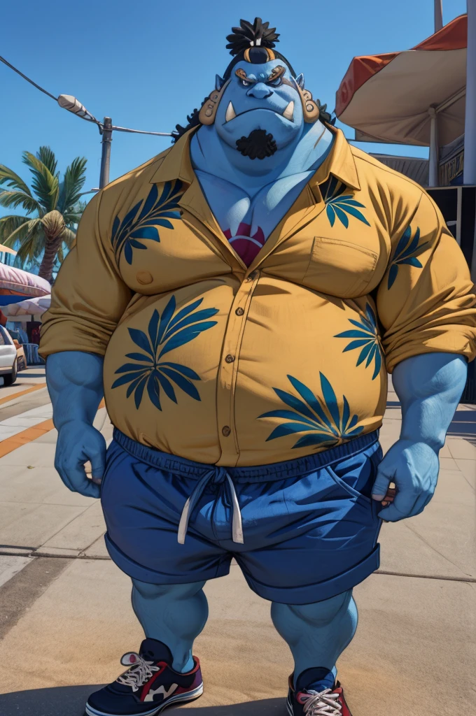 chubby man (jinbei) in street, blue skin, muscular, pectoral, wide pectoral, beach, palm, realistic, 8k, masterpiece, (wearing shorts and Hawaiian shirt, shoes)