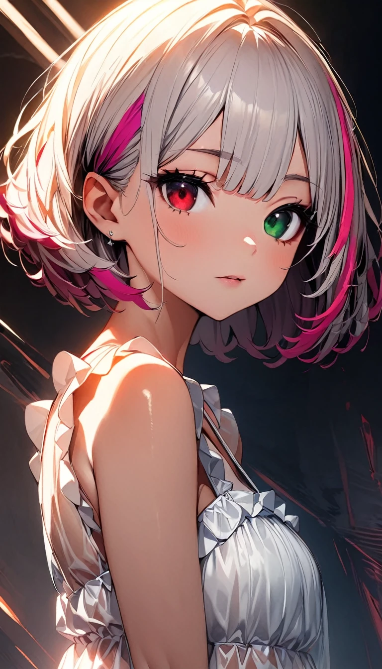 (highest quality:1.2, Very detailed, up to date, Vibrant, Ultra-high resolution, High Contrast, masterpiece:1.2, highest quality, Best aesthetics), Portraiture、girl、solo, (25-years-old:1.3), slim, , heterrochromia, green eye, red eye, (Frilly babydoll:1.3), (see-through,lace:1.5), bed room, ying on bed, spread legs, bright room,, Bright colors、Beautiful fine details、Beautiful lip detail、extra short hair, ((bob cut:1.5))、pink and purple, ((streaked hair:1.9)), (highlights hair: 1.6), (small breast:1.3), (tan skin:0.7), cowboy shot:1,