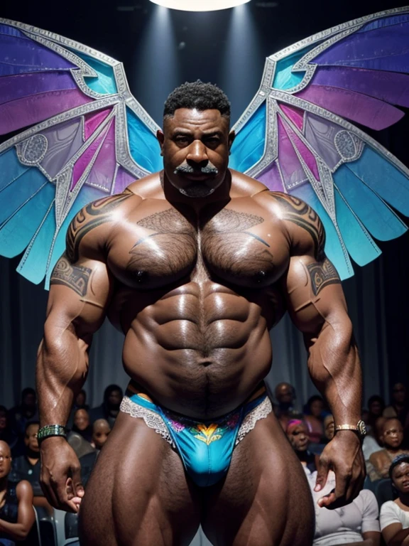 Hyperrealistic image of an African superhero burlesque dancer with two huge symmetrical rainbow wings very old and very sweaty gray-haired bodybuilder over 50 years old very muscular and fat More than 200 kilos in weight with a naked torso.big flabby pecs brown nipples and big gray mustaches with huge tattooed arms dressed in lace lingerie on a burlesque stage