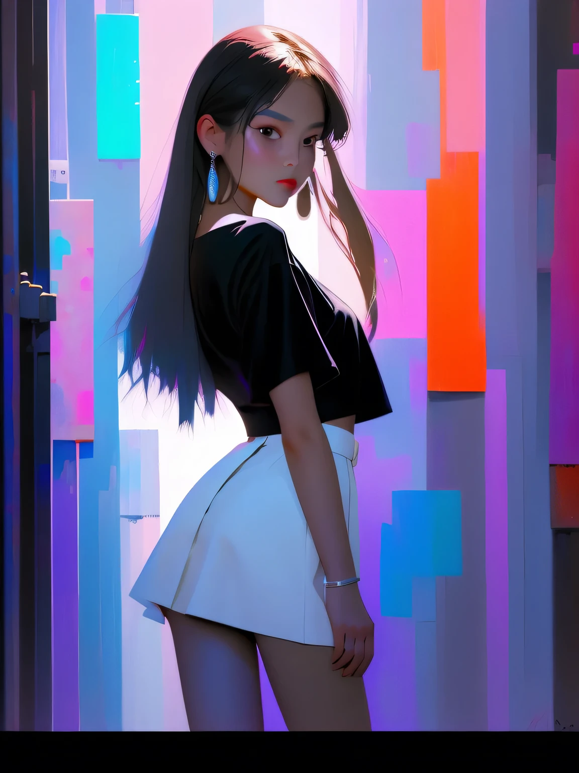 ムラムラする女の子、(dark brown eyes:1.2),1 girl、(long legs:1.2),Silver Hair、Dark brown eyes、Shining Eyes、Crop top、mini skirt、Parted lips、1woman wearing trendy clothes, in an abstract oil painting style, fashion show, The painting is ultra-high detailed and has a resolution of 8k, showcasing the best quality,creating a mysterious atmosphere , luminous design, vivit colours,spring lights,Artistic,azure, red, (black high heels), black short skirt