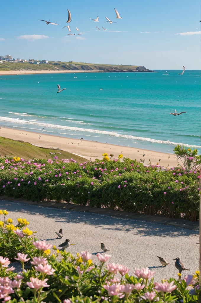 Another scene where birds are sitting by the seaside, and you can see the birds by the shore. There is also a flower visible, making it very beautiful."