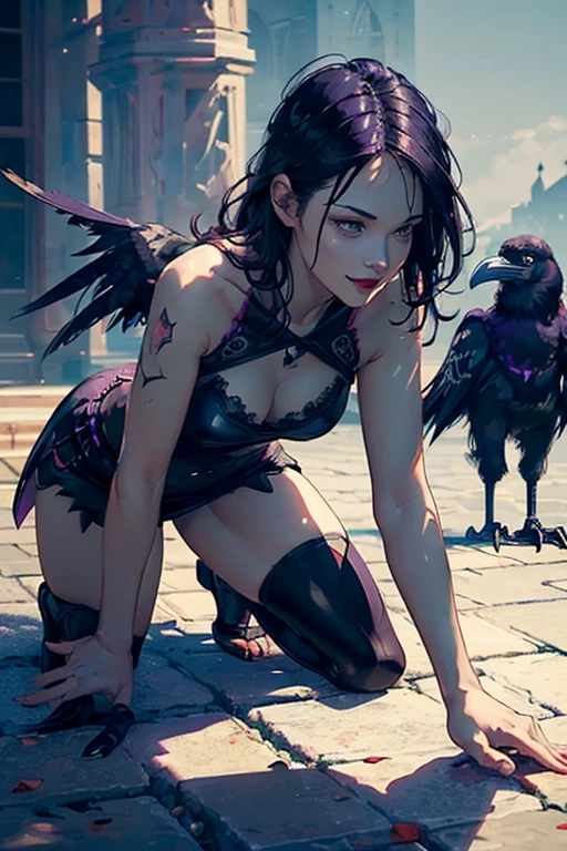 ((playing with a raven:1.4)),(full body:1.4).(realistic illustration:1.3). Beautiful 24 yo woman of Irish descent. athletic figure,(pale:1.4)complexion. long raven black hair, green eyes, cute butt, nice legs. Kind eyes,(joy:1.3),(smile:1.2), Red lipstick, sheer lace top, skirt, high heels. Flirty. Masterpiece, best quality,(highly detailed:1.2),(detailed face and eyes:1.2), 8k wallpaper, depth of field, natural lighting. core shadows, high contrast, bokeh. (rule of thirds). cinematic, atmospheric, contrast, intricate, methurlant