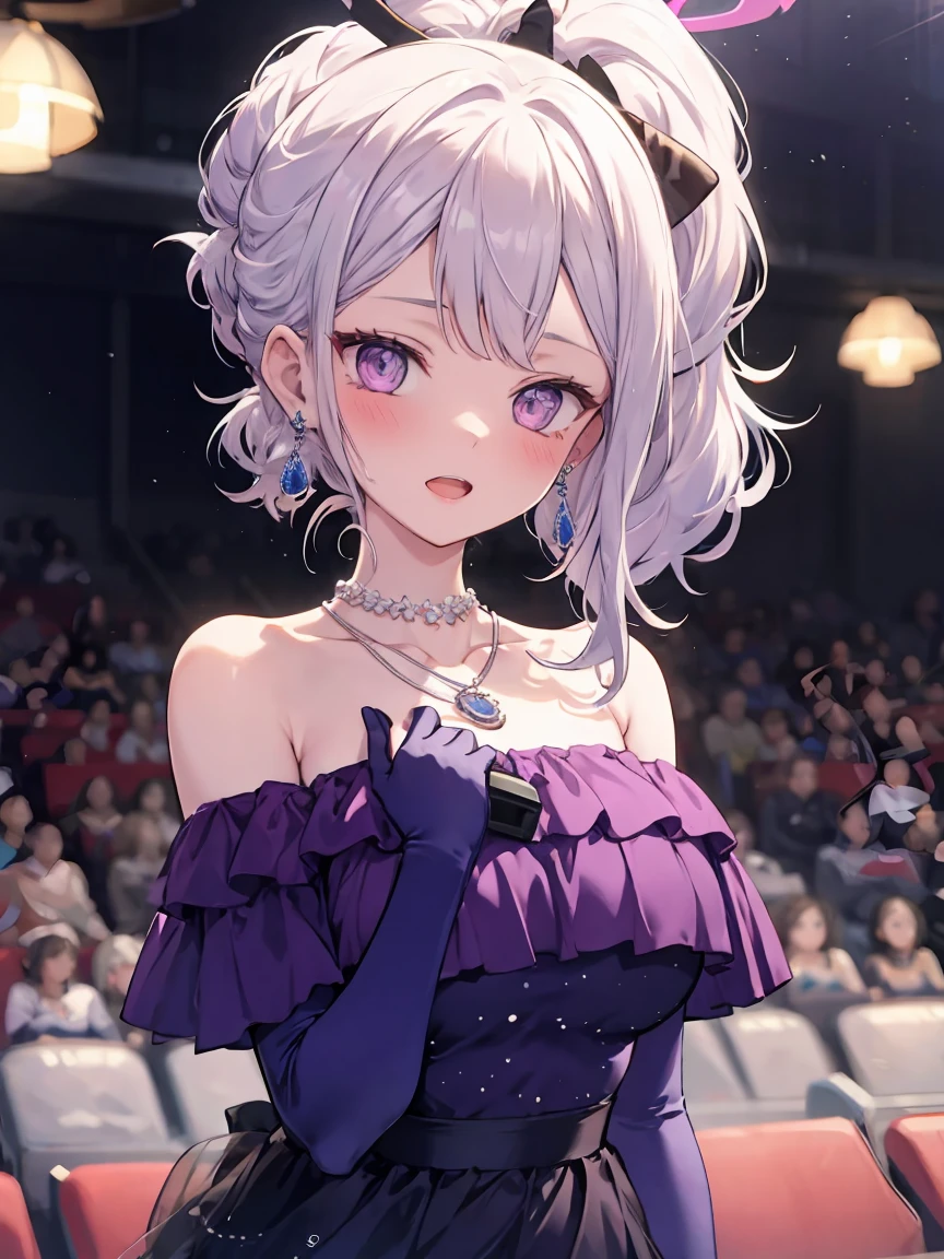 masterpiece,best quality,other, 1 Girl, Solitary, Looking at the audience, blush, open mouth, partedbangs, Hair accessories, Side lock, Ponytail, Elbow gloves, Off-shoulder dress, Halo, **Shoulder, Necklace, necklace, earrings, Alternative clothing, （Huge breasts:1.55），（Exposing breasts:1.5）