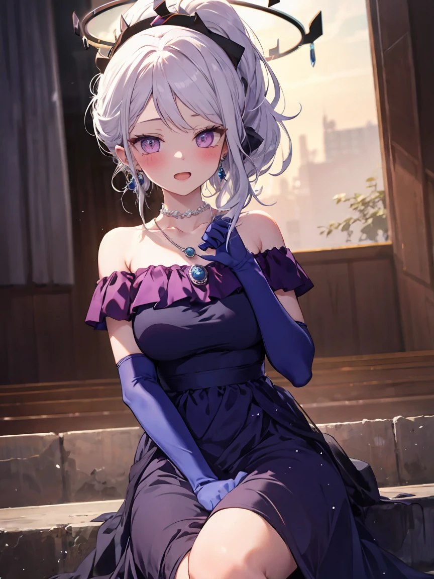 masterpiece,best quality,other, 1 Girl, Solitary, Looking at the audience, blush, open mouth, partedbangs, Hair accessories, Side lock, Ponytail, Elbow gloves, Off-shoulder dress, Halo, **Shoulder, Necklace, necklace, earrings, Alternative clothing, （Huge breasts:1.55），（Exposing breasts:1.5）