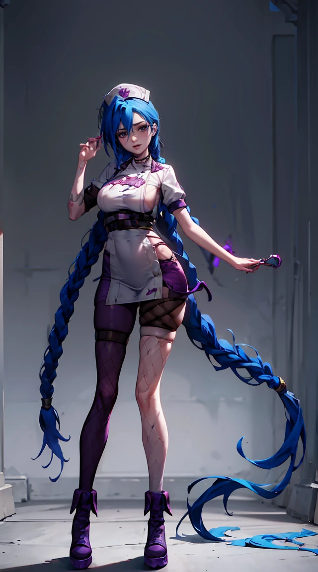 Jinx nurse，Nurse's hat，(White Nurse Costume)，red rose tattoo，Blue braid-twisted，run away ，League of Legends ，full body, lesbian，(Wellingtons)),purple ankle leggings),(standing on your feet)，The background is dark and hard，There is a feeling of danger and tension。