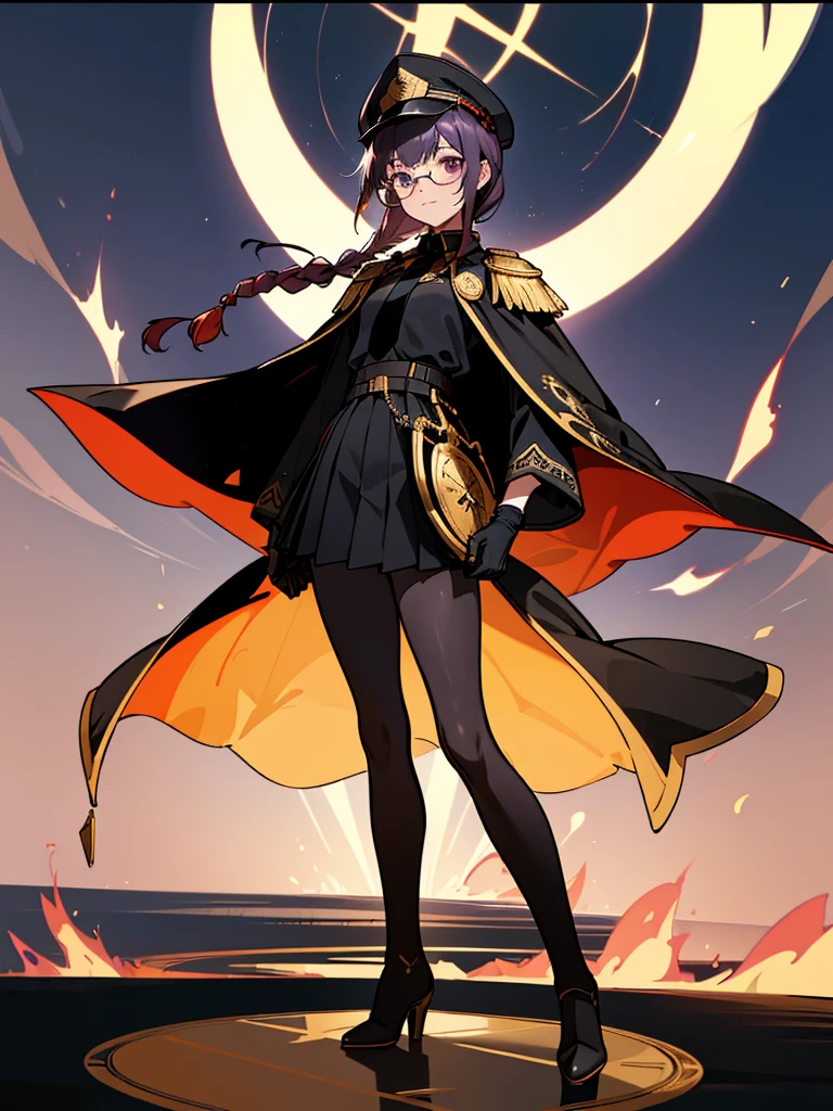 realisitic, City Deserted, Pile of rubble, Brick building, a one woman (18 years old, far away blackw hair, far away slits, Eyes red, glare eyes, 精致的面容, standing (In floor, feet shoulder-width apart), Lolita style military uniform (blackw base, Red Insert, golden decoration, volantes, wide sleeves, dainty and delicate detailing armors), blackw far away gloves (blackw, Red Insert, golden decoration, small hands, armors), blackw far away gloves, knee high boots (blackw, high-heels, red soles), ha (blackw, aba dourada, shield emblem, delicate details), arms in front, Front of belly, Holding military swords with both hands (blackw, golden decoration, delicate detail, Handle at the top, Ground-facing blade, in front of the body, far away), night sky (blackw, stele, Increased flames and smoke) Pale painting style, One Girl, super high quality, Super Detail, Super Detailed image, long hair, looking at viewer, skirt, shirt, hair ornament, violet eyes, gloves, round glasses, long sleeves, hat, closed mouth, jacket, violet hair, braid, open clothes, necktie, black gloves, black skirt, uniform, single braid, open jacket, black jacket, black headwear, 手链, Peaked cap, black necktie, cropped jacket, military hat, pantyhose, Flat Chest, smile, Black Cape