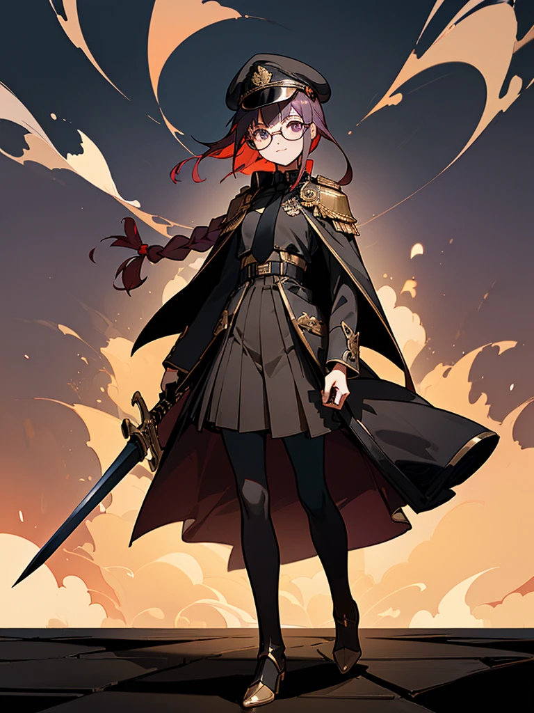 realisitic, City Deserted, Pile of rubble, Brick building, a one woman (18 years old, far away blackw hair, far away slits, Eyes red, glare eyes, 精致的面容, standing (In floor, feet shoulder-width apart), Lolita style military uniform (blackw base, Red Insert, golden decoration, volantes, wide sleeves, dainty and delicate detailing armors), blackw far away gloves (blackw, Red Insert, golden decoration, small hands, armors), blackw far away gloves, knee high boots (blackw, high-heels, red soles), ha (blackw, aba dourada, shield emblem, delicate details), arms in front, Front of belly, Holding military swords with both hands (blackw, golden decoration, delicate detail, Handle at the top, Ground-facing blade, in front of the body, far away), night sky (blackw, stele, Increased flames and smoke) Pale painting style, One Girl, super high quality, Super Detail, Super Detailed image, long hair, looking at viewer, skirt, shirt, hair ornament, violet eyes, gloves, round glasses, long sleeves, hat, closed mouth, jacket, violet hair, braid, open clothes, necktie, black gloves, black skirt, uniform, single braid, open jacket, black jacket, black headwear, 手链, Peaked cap, black necktie, cropped jacket, military hat, pantyhose, Flat Chest, smile, Black Cape